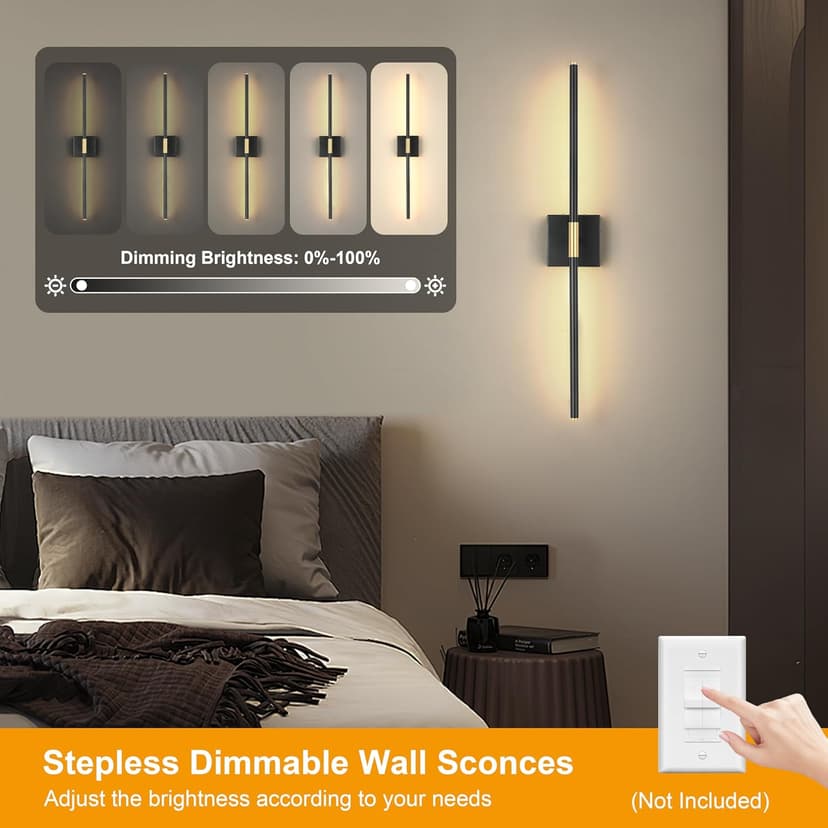 Wall Sconces Set of 2, Modern Hardwired Sconces Wall Decor, 24 Inch Dimmable Sconces Wall Lighting, Black Gold Wall Light Fixtures, 3000K LED Wall Lights for Bedroom, Living Room, Bathroom