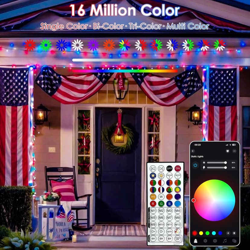 Red White and Blue String Lights, Color Changing Smart RGB Christmas Lights with Remote & App Control & Timer, Music Sync Multiple Modes 66ft 200 LED Twinkle Light Indoor Outdoor for 4th of July Decor