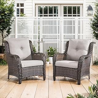High Back Patio Chairs Set of 2 - Brown Wicker Chairs Outdoor Seating, 4" Wide Armrests Rattan Outdoor Club Chairs with Beige Removable Cushion for Deck Porch Backyard