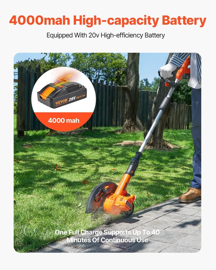 VEVOR Lawn Edger, 9-inch Large Blade, 20 V Battery Powered Cordless Edger Lawn Tool with 3-Position Blade Depth, Adjustable Handle, with Battery and Charger, for Lawns, Driveways, and Sidewalk Edges