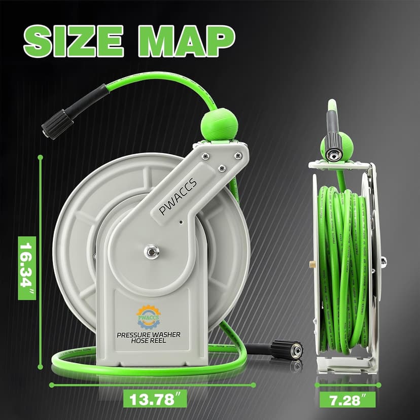 PWACCS Retractable Pressure Washer Hose Reel, 1/4" x 60ft Heavy Duty Power Washer Hose Reel, High Pressure Reel Auto Rewind, Wall/Floor Mounted, 3600 PSI