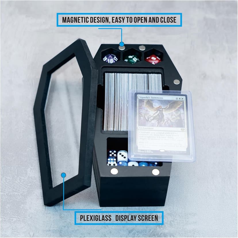 Card Deck Box with Dice Tray, Glass Casket Deck Box Compatible with MTG, TCG and Sports Cards, Handcrafted Wooden Deck Holder for EDH Commander Deck, Detachable Command Zone and Top Loader