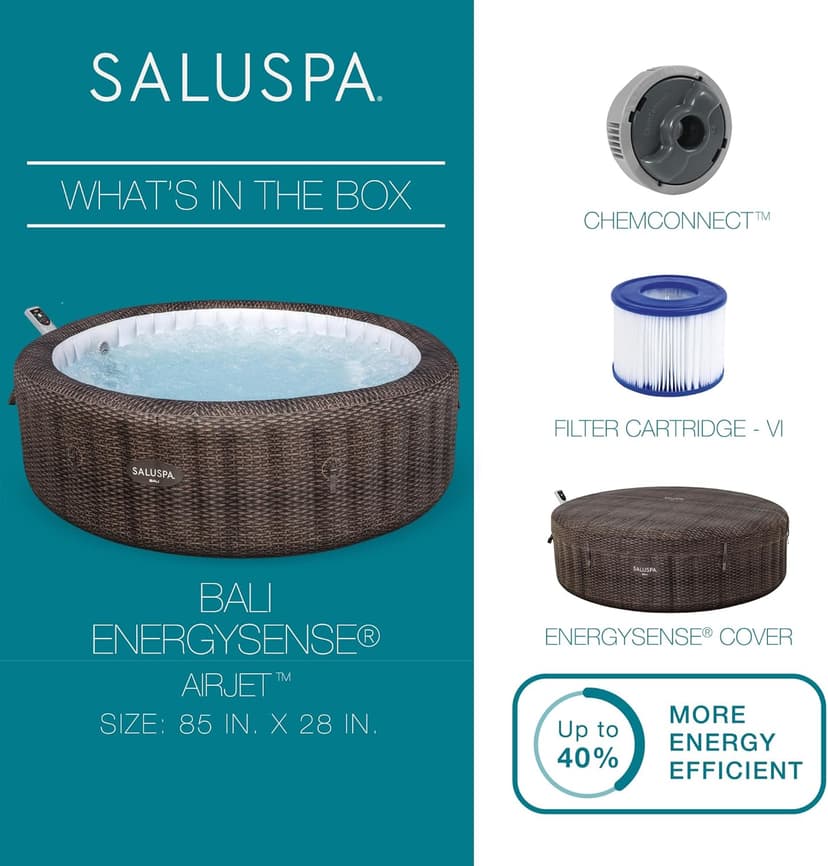 Bestway SaluSpa Bali Smart AirJet Inflatable Hot Tub Round Portable 5-7 Person Spa with 180 AirJets, App Control and EnergySense Cover, Brown Rattan