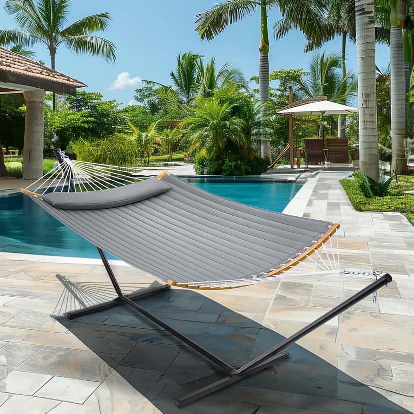 SUPERJARE Hammock with Stand, 2 Person Heavy Duty Hammock Frame, Detachable Pillow & Strong Curved-Bar & Portable Carrying Bag, Perfect for Outdoor & Indoor - Gray