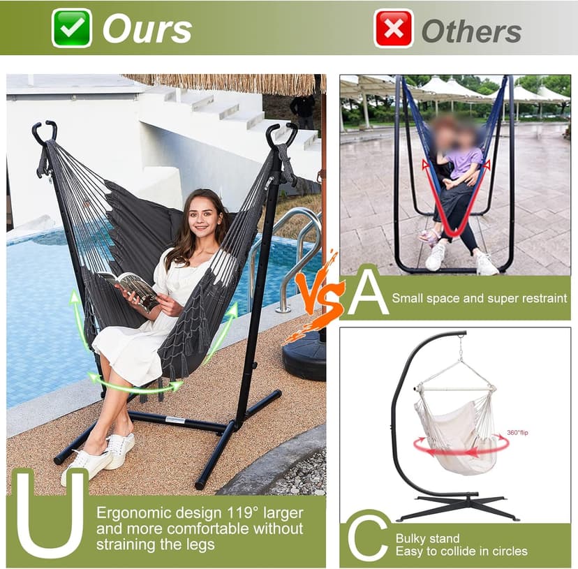 Hammock with Stand Phone Holder Included Double Hanging Chair Macrame Boho Handmade Adjustable Swing Indoor Outdoor Patio Yard Garden Porch 400lbs Capacity (2022 Grey)
