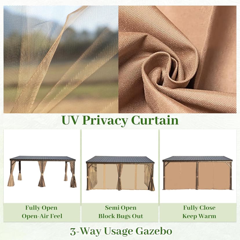 DOMI 12x16FT Lean to Gazebo, Outdoor Hardtop Wall Mounted Gazebo with Sloping Galvanized Steel Roof, Durable Aluminum Frame, Netting Curtain for Deck, Porch, Backyard