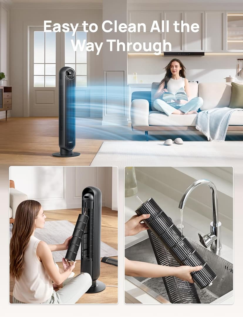 Dreo Tower Fan for Bedroom, 25ft/s Velocity 28dB Quiet Floor Fan, 90° Oscillating Fans for Indoors with 4 Speeds, 4 Modes, 8H Timer, Bladeless Standing Fan, Black, Nomad One (DR-HTF007)