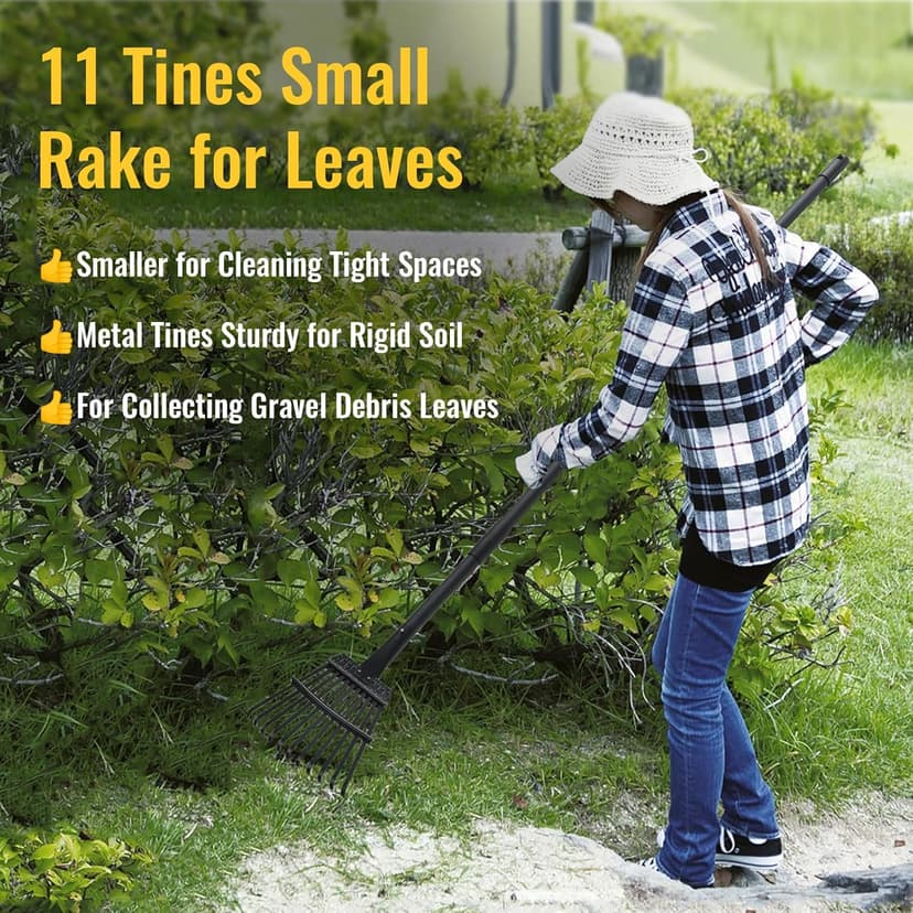 Small Garden Rake for Leaves,11 Tines Heavy Duty Metal Yard Hand Rake with 63in Long Adjustable Handle, Ideal Leaf Scoops Garden Tool for Gathering Leaves, Shrub,Poop, Leveling Grass,Flower Beds,Yards