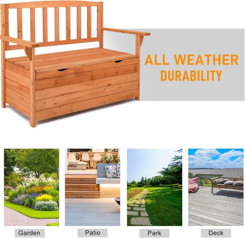 Outvita Outdoor Wood Storage Bench, Wooden Large Deck Box with Seating & Armrest, Waterproof Patio Organizer Loveseat for Garden Porch Deck Backyard Poolside, Natural