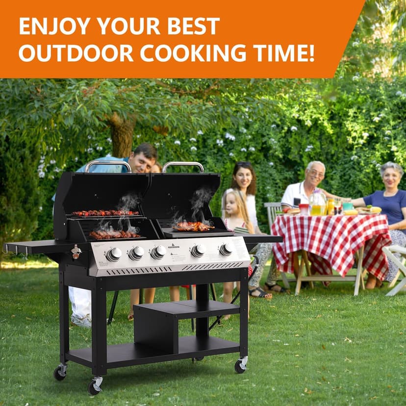 5-Burner Propane Gas Grill,griddle grill combo Double Grills with Storage space,54,000 BTU 627 SQ.IN.Output Stainless Steel Grill for Outdoor Cooking Kitchen, Garden and Patio Backyard Barbecue