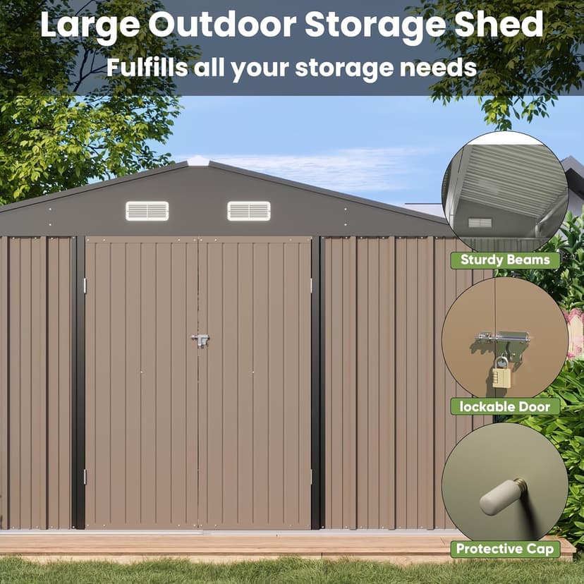 Patiowell 10 x 10 FT Outdoor Storage Shed,Metal Yard Shed with Design of Lockable Doors, Utility and Tool Storage for Garden, Patio, Backyard, Outside use,Brown