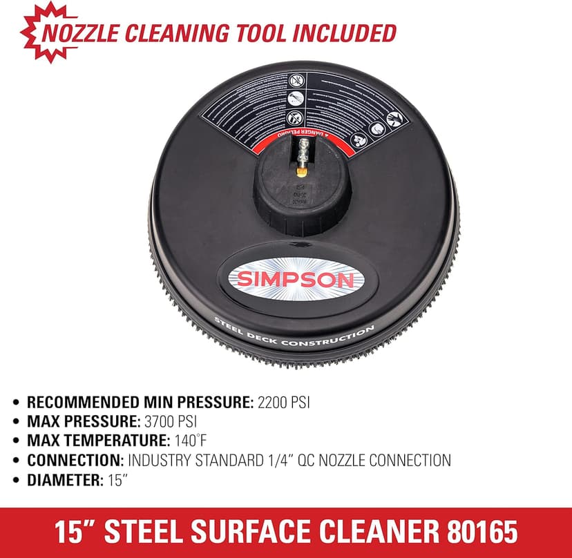 Simpson Cleaning 80165 Universal 15" Steel Pressure Washer Surface Cleaner for Cold Water Machines, 1/4" Quick Connection, Recommended Min 2200 PSI up to Max of 3700 PSI, Black