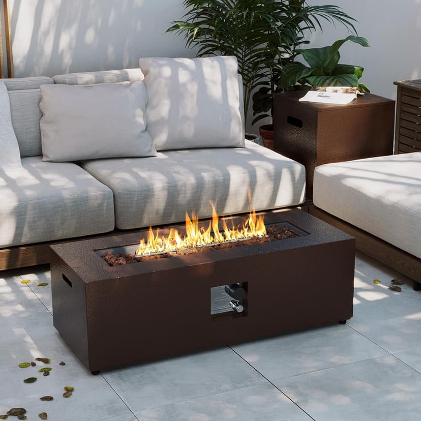 UPHA 42-inch Outdoor Propane Gas Fire Pit Table 50000 BTU Iron Rectangle FirePit for Outside Patio with Tank Hidden Table, Removable Lid, Lava Rocks, Rain Cover, Brown