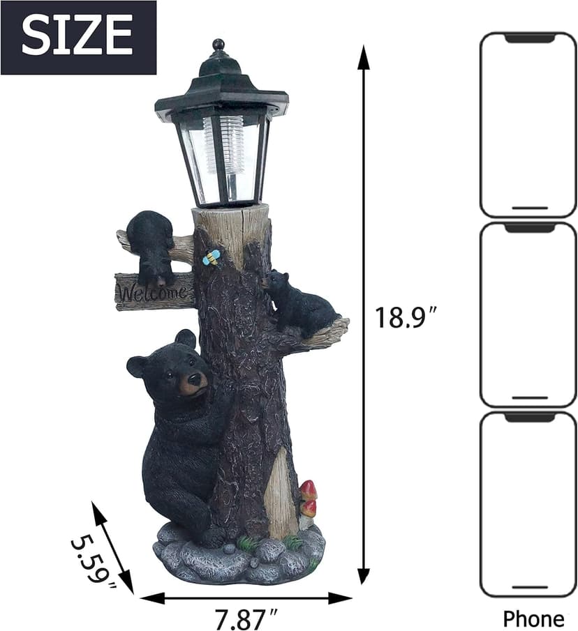 Bear Statue Welcome Sign Garden Statue with Solar Lights, 19 Inches Resin Bear Family on The Tree, Outdoor Bear Décor for Yard, Garden, Lawn, Patio, Black and Brown Animal Statue