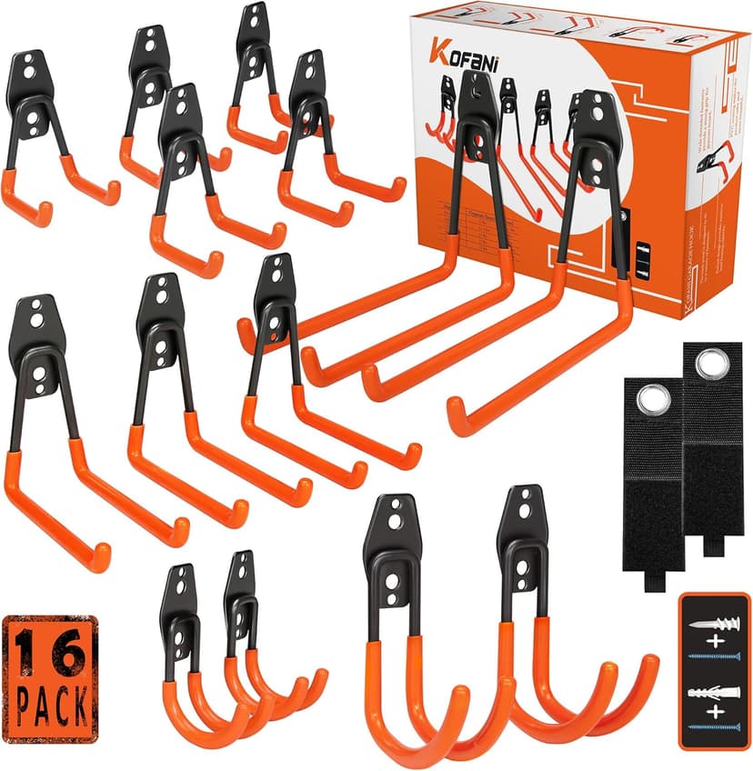 Heavy Duty Steel Hooks, 16 Pack with Anti-Slip Coating - Utility Wall Mount Garage Storage for Hanging Bike, Ladder and Garden Tools