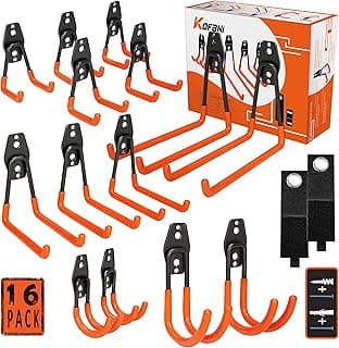 Heavy Duty Steel Hooks, 16 Pack with Anti-Slip Coating - Utility Wall Mount Garage Storage for Hanging Bike, Ladder and Garden Tools
