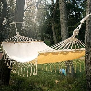 Double White Natural Canvas Handmade Hammock Beautiful Boho Style, Brazilian Deluxe Hammock Bed of Indoor Bedroom or Outdoor Tree, Patio, Porch, Yard, Beach for Camping, Hiking, Travel, Decor