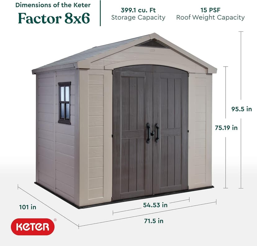 Keter Factor 8x6 Large Resin Outdoor Storage Shed for Patio Furniture, Lawn Mower, Garden Accessories Yard Tools, and Pool Toys, Taupe