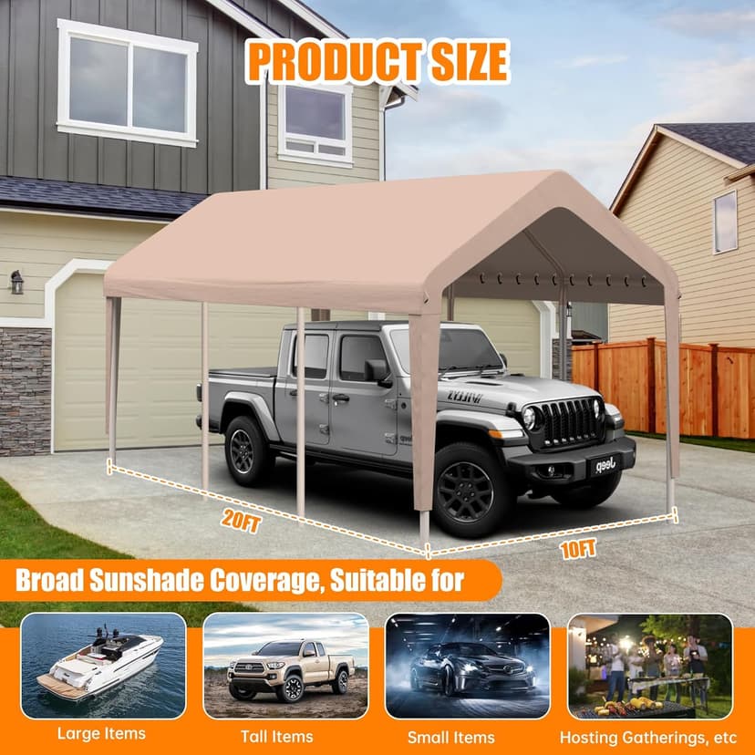Carport Canopy 10'x20' Heavy Duty Replacement Cover, Garage Shelter Cover 800D Oxford Waterproof & UV Protected Tarp with Ball Bungees, Not Include Frame, Beige