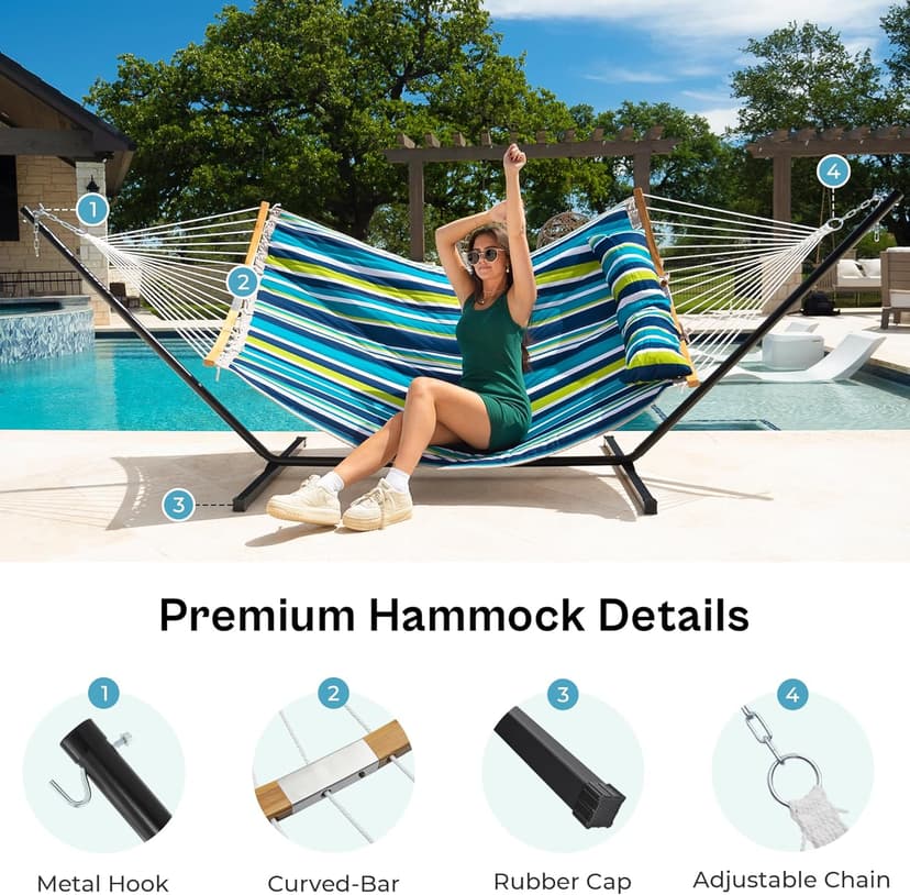 SUPERJARE Hammock with Stand, 2 Person Heavy Duty Hammock with Padded Cotton, Detachable Pillow & Strong Curved-Bar & Portable Carrying Bag, Perfect for Outdoor & Indoor - Dark Cyan