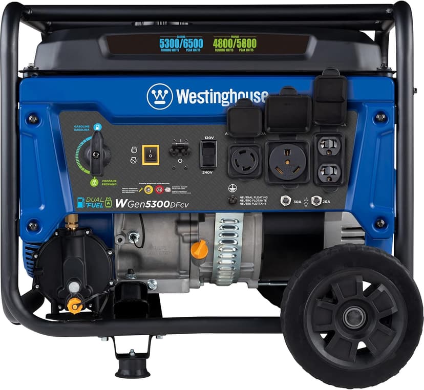 Westinghouse 6500 Watt Dual Fuel Home Backup Portable Generator, Transfer Switch Ready 30A Outlet, RV Ready 30A Outlet, CO Sensor