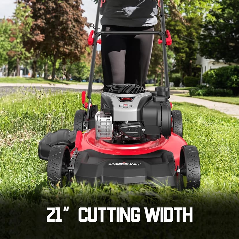 PowerSmart Gas Lawn Mower 21-Inch with 140cc Briggs and Stratton E550 Engine, High Wheels, 3-in-1 with Bagging
