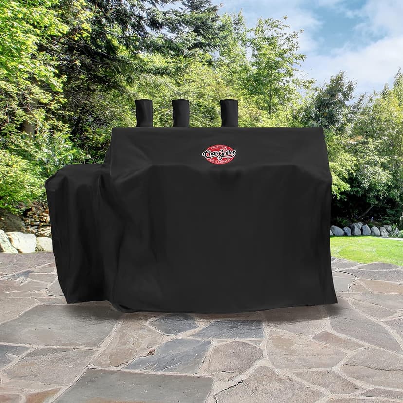Char-Griller® 3-Burner Dual Fuel Expandable Propane Gas and Charcoal Outdoor Polyester Grill and Smoker Cover in Black, 29in x 65in x 49in, Model 8080