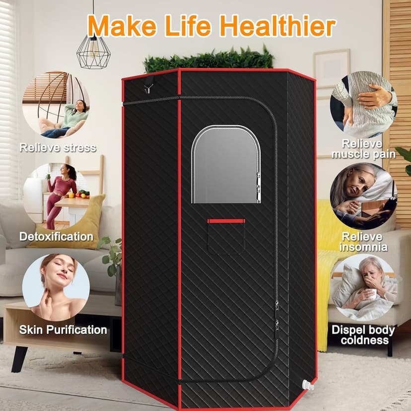 Portable Sauna Box, Steam Sauna for Home with 3L Steamer, Remote Control, Folding Chair and Mat, Personal Sauna Tent for Wellness & Relaxation, 15 Levels, Red