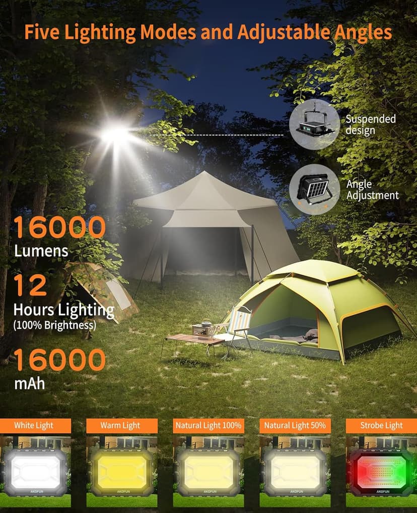 200W LED Solar Work Light Rechargeable, 16000LM Magnetic Worklight 3000K/4500K/6500K, 16000mAh Battery, IP66 Waterproof Portable Solar Outdoor Working Light for Emergency, Camping, 2 Pack