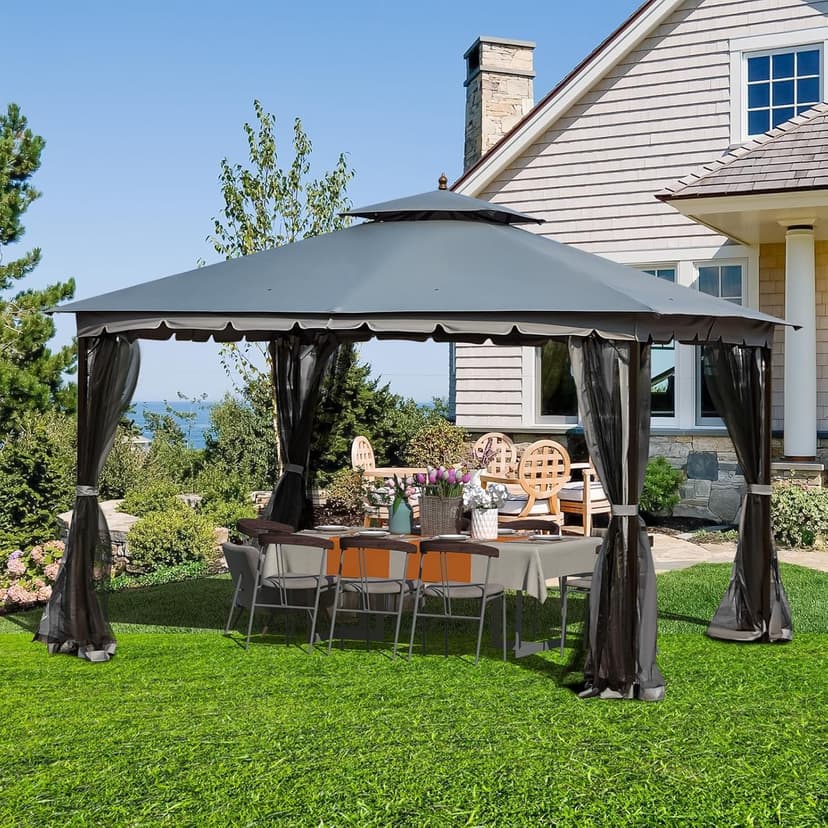 [New-Gen] Outdoor Patio Gazebo, 10x12, with Mosquito Netting & Sturdy Metal Frame, Double Air Roofs, Waterproof Sunshade for Backyard/Deck
