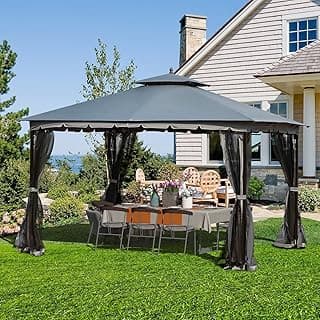 [New-Gen] Outdoor Patio Gazebo, 10x12, with Mosquito Netting & Sturdy Metal Frame, Double Air Roofs, Waterproof Sunshade for Backyard/Deck