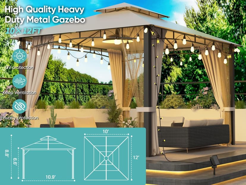 Patio Gazebo 10x12, Outdoor Gazebos, Heavy Duty Gazebo Soft Top Gazebos, Metal Frame Canopy with Double Roofs, Anti-UV Shelter with Privacy Curtains and Netting for Patio Deck Backyard Garden Lawns