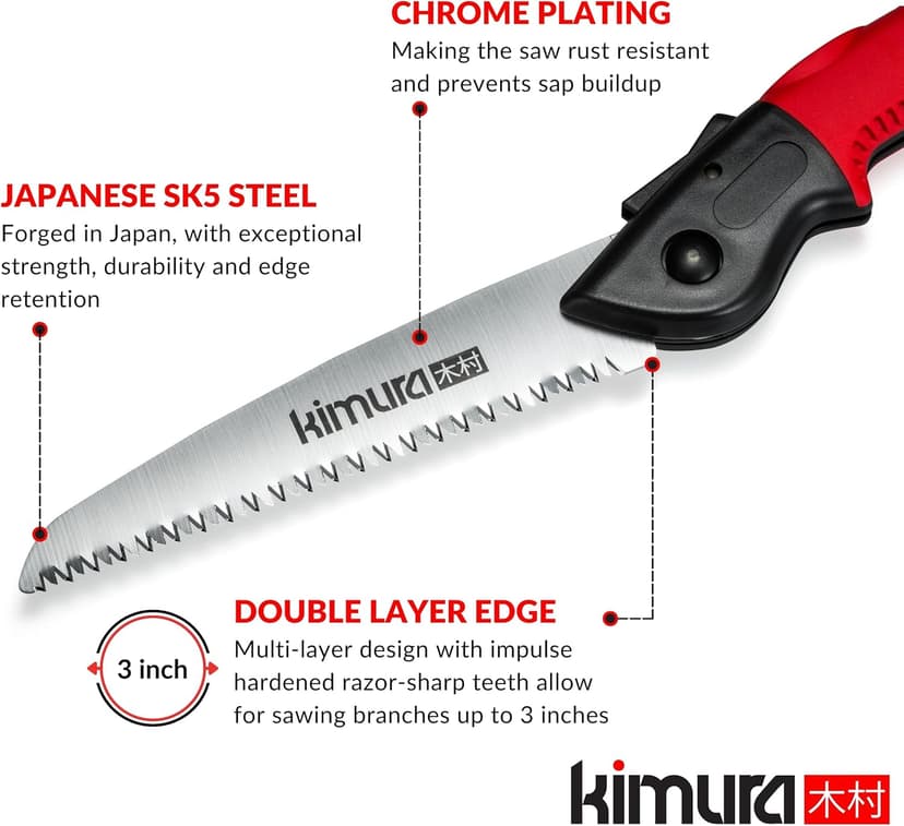 Kimura 7" Pro Folding Pruning Saw - Heavy Duty Japanese SK5 Steel, 180mm Blade, Ergonomic Soft Non-Slip Handle, Lightweight Foldable Saw for Branches, Trimming, Camping, PVC, Hiking, Wood