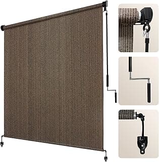 Artpuch Outdoor Roller Shade 8' W x 8' H Fabric Blind Mocha Cordless Roll Up Shades, Wand Operation Exterior Roller Shade Cloth for Patio Porch Gazebo, 2 Poles and 1 Piece Fabric