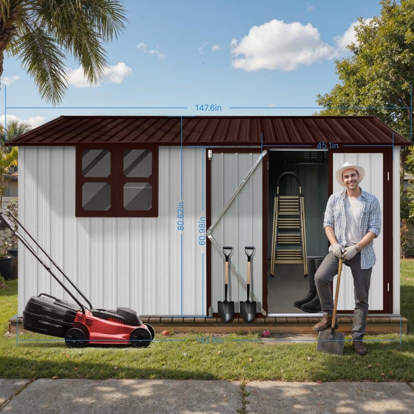 12' x 10' XL Outdoor Storage Shed, Sturdy Metal Building w/Windows & Lockable Doors for Garden, Backyard, Poolside and Lawn, Brown+White