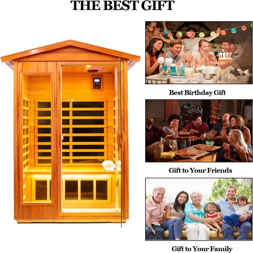 Outdoor Sauna 2 Person Infrared Sauna Far Infrared Saunas for Home 0－5 mg Low EMF Home Sauna Spa Mahogany Wood Sauna Room with Bluetooth Speakers, LED Reading Lamps, Chromotherapy Lights