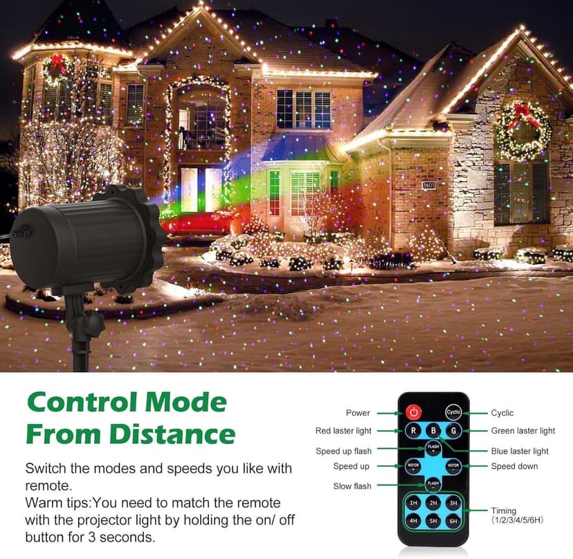 Laser Outdoor Moving RGB Christmas Projector Light - 3 Color Motion Firefly Decorative Lights Show for Halloween, Christmas, Holiday, Garden, Patio