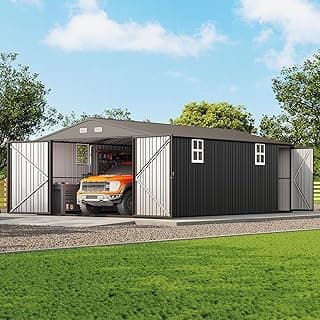 Jocisland Heavy Duty 13.2x20.7x8 FT Grey Steel Carport with 2 Lockable Doors and 4 Windows