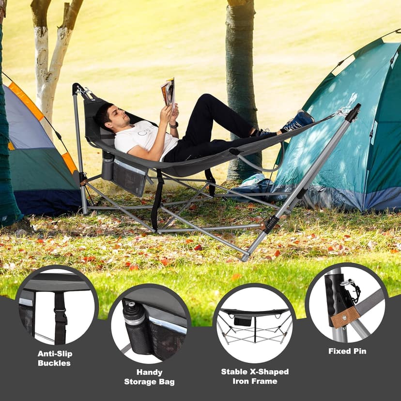 Portable Folding Hammock w/Side Pocket, Lounge Camping Bed w/Metal Stand & Anti-tip Buckles, Outdoor Camping Hammock with Carrying Bag for Patio Garden Yard, Easy Assembly (Grey)