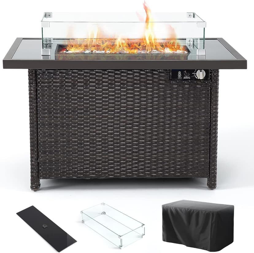 Propane Fire Pits, PAMAPIC 50,000 BTU Auto-Ignition Outdoor Fire Pit Table with Glass Wind Guard,41 Inch Outdoor Fire Tables for Patio Garden Deck Backyard Poolside