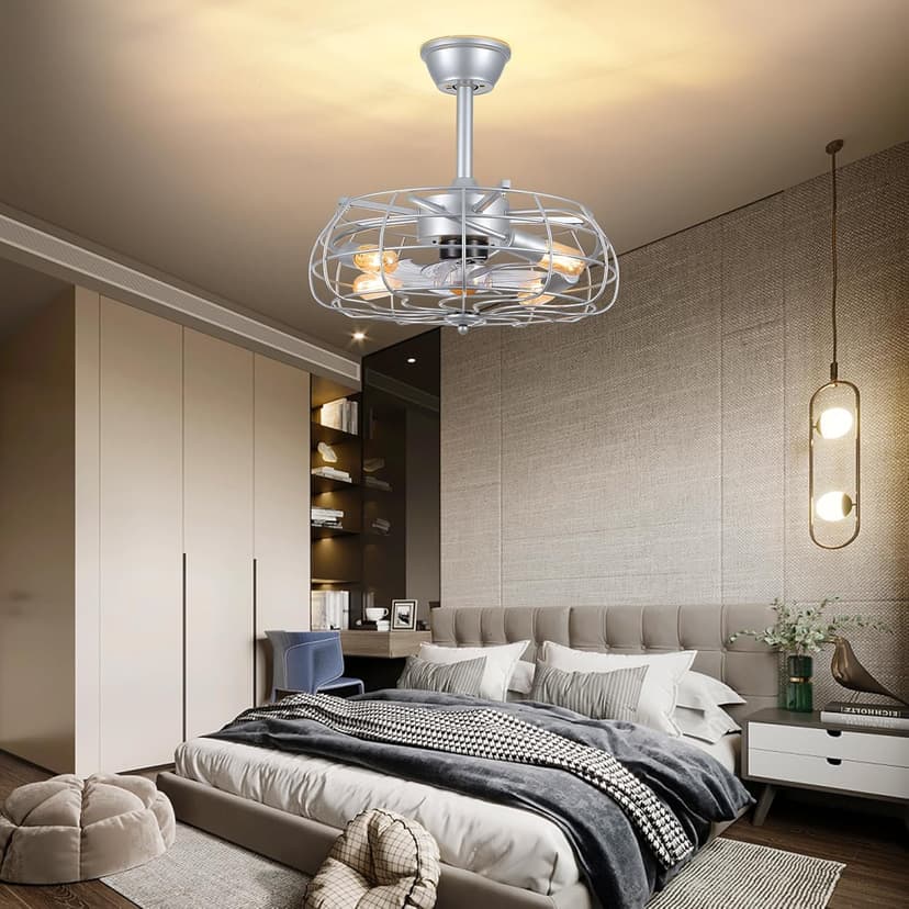 Asyko Outdoor Caged Ceiling Fans with Lights - Bladeless Low Profile Ceiling Fan Light with Remote, 19" Enclosed Ceiling Fan for Covered Outdoor