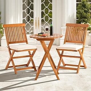 IDZO Heavy Duty 400lbs Capacity Patio Bistro Sets, 3 Piece Outdoor Folding Chairs with Cushions and Round Table, FSC-Certified Acacia Wood, Space-Saving Design for Balcony, Garden and Porch