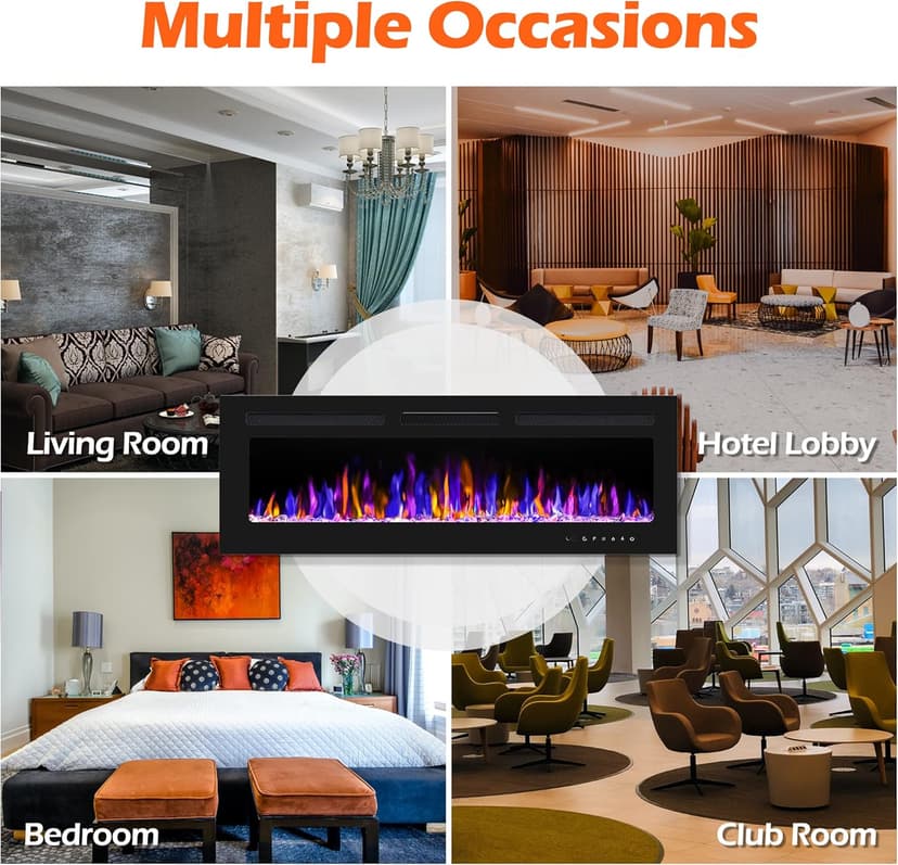 50" Electric Fireplace Wall Mounted and Recessed with Remote Control, 750/1500W Ultra-Thin Wall Fireplace Heater W/Timer Adjustable Flame Color and Brightness, Log Set & Crystal Options