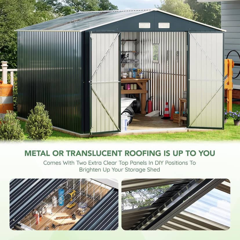 10X12X7.5 FT Outdoor Steel Storage Shed with Lockable Doors, 2 Windows, Transparent Roof Panels (Wood Panels & Frame Floor Not Included), Ideal for Patio Storage,Garbage Can, Chicken Coop