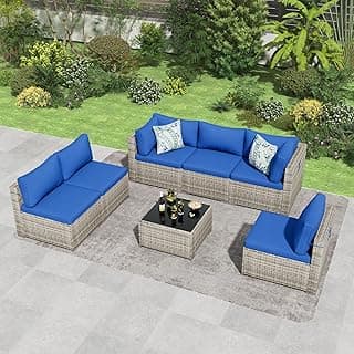 Patio Furniture Set, 7 Pieces Modular Outdoor Couch, Wicker Patio Couch Conversation Set with Glass Table and Blue Cushion, All Weather Patio Sectional Furniture Set