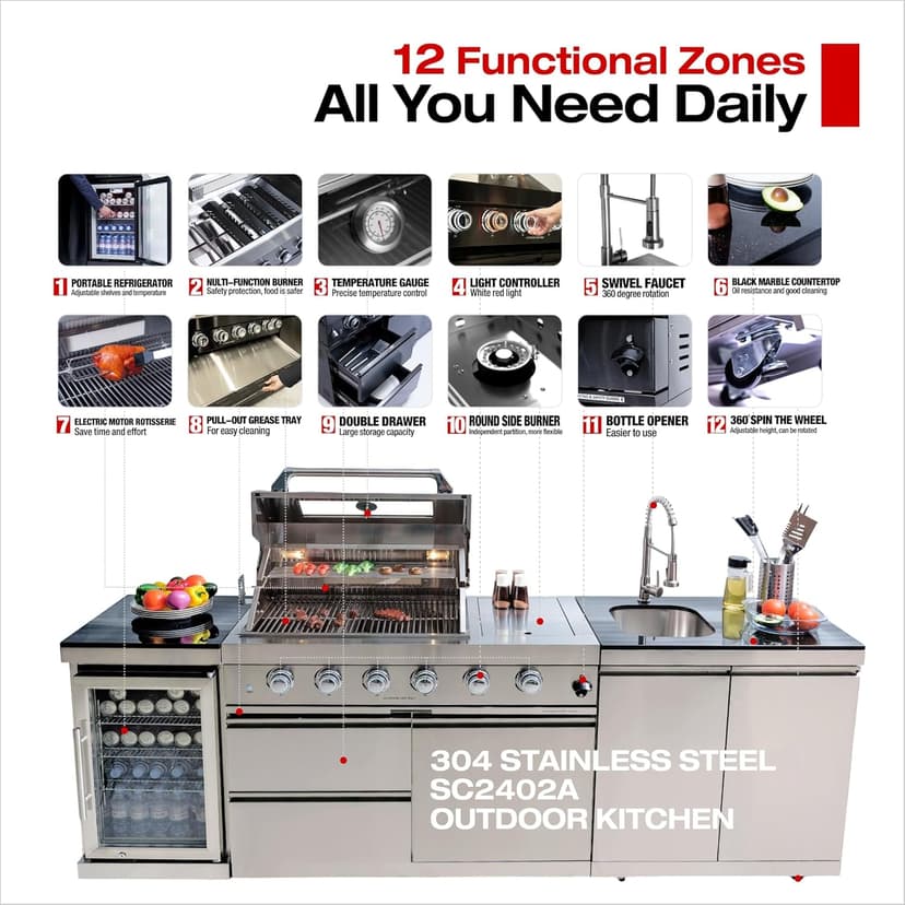 104 Inches 4-Burner 72000 BTU Deluxe Stainless Steel Gas Outdoor Kitchen Bar Barbecue Island Grill, Wine Cooler Compact Refrigerator, Rotisserie Kit, Granite Countertops, Stainless Steel Sink, Silver
