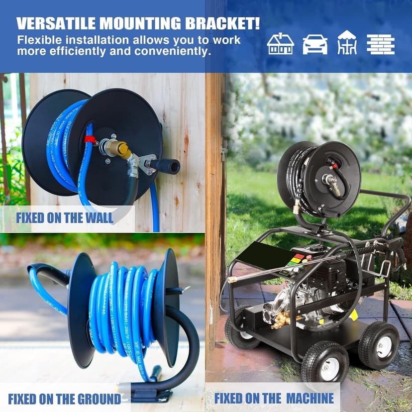 Heavy Duty Power Washer Hose Reel - 50ftx3/8' / 65ftx1/4', M22-14 Fitting, Wall/Trailer/Van Mount, Manual Crank
