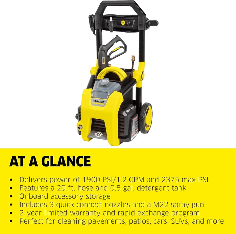 Kärcher Pressure Washer K1900PS, Max 2375 PSI, 3 Spray Nozzles, Detergent Tank, For Cars, Driveways, Siding, Patios, 1.46 max. GPM