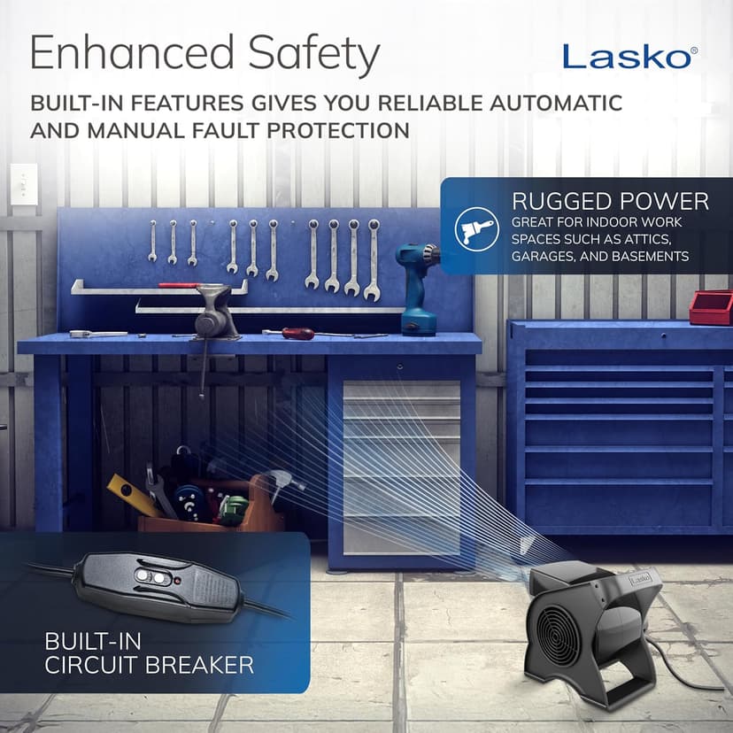 Lasko 12” Utility Fan for Job Site or Home Use, 289 CFM, Pivoting High Velocity Blower Fans, 3 Speeds, 2 Accessory Outlets 120V, Black, U12104