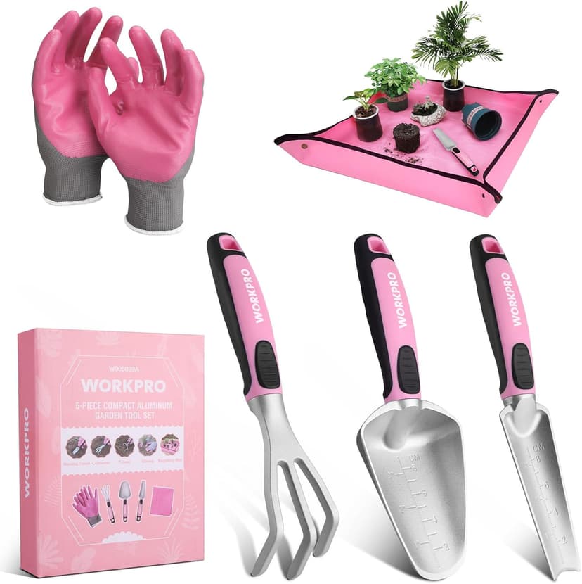 WORKPRO 5PCS Garden Tool Set, Powder Coating Compact Aluminum Gardening Tool Set with Repotting Mat, Outdoor Garden Hand Tools, Ideal Gardening Gift, Pink